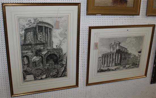 After Giovanni Battista Piranesi (1720-1778), etching, Veduta del Tempio della Fortuna Virile and another